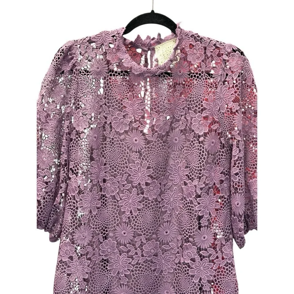 Johnny Was Lorrie Purple Crochet Lace Mini Dress Puff Sleeves Size Medium